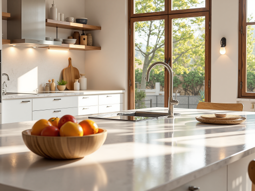 橱柜修复后，颜色均匀亮丽，表面光滑，白色橱柜，厨房环境