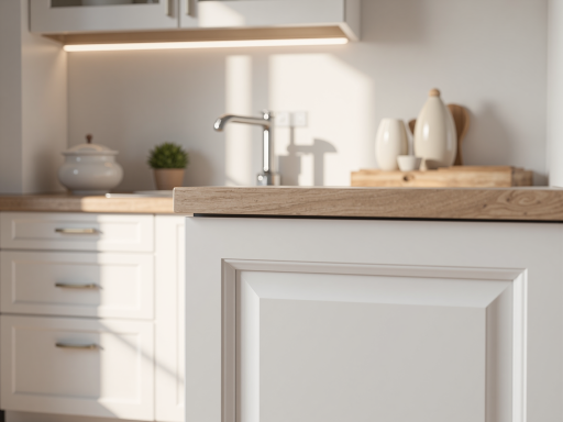 橱柜修复前，柜门褪色严重，表面斑驳，白色橱柜，厨房环境