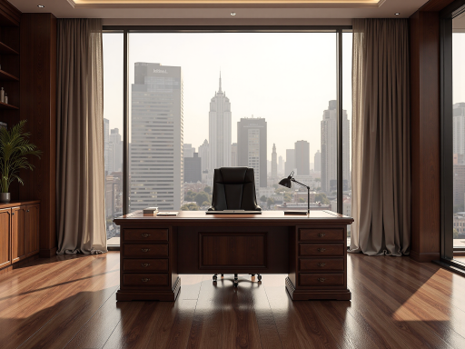 办公桌修复后，表面光滑平整，色泽均匀，深色办公桌，办公室环境