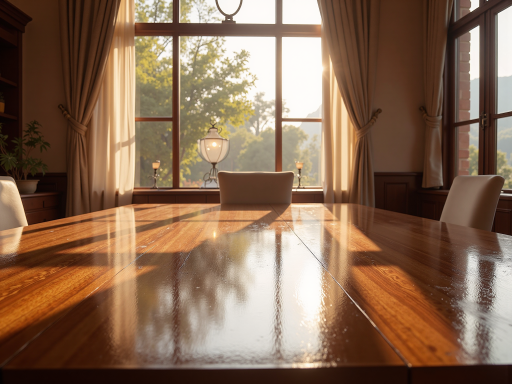 实木餐桌修复后，表面光滑平整，原木色纹理清晰，室内餐厅环境